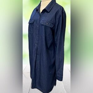 OLD NAVY Chambray Shirt Dress L Dark Wash Denim Short Shirt Tail Hem Tunic Shift
